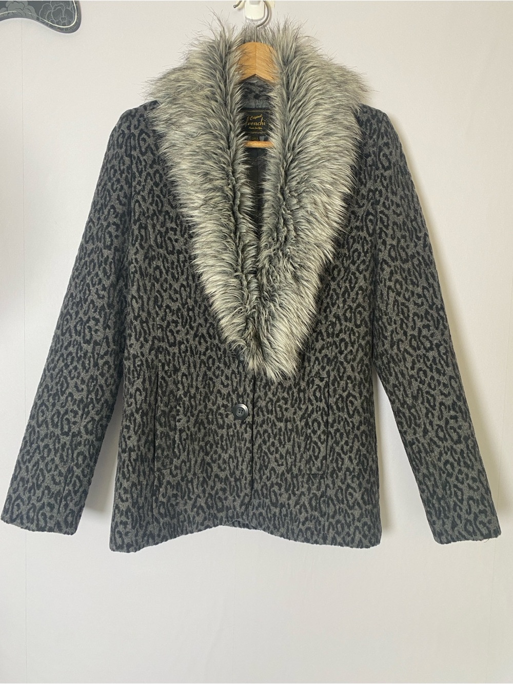Frenchi Gray Leopard Print Faux Fur Collar Wool Blend Coat Jacket Size S